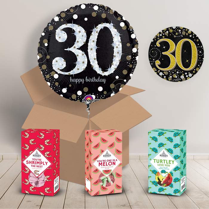 30th Birthday Sweet Box and Inflated Helium Balloon Gift Package in Black and Gold image 2